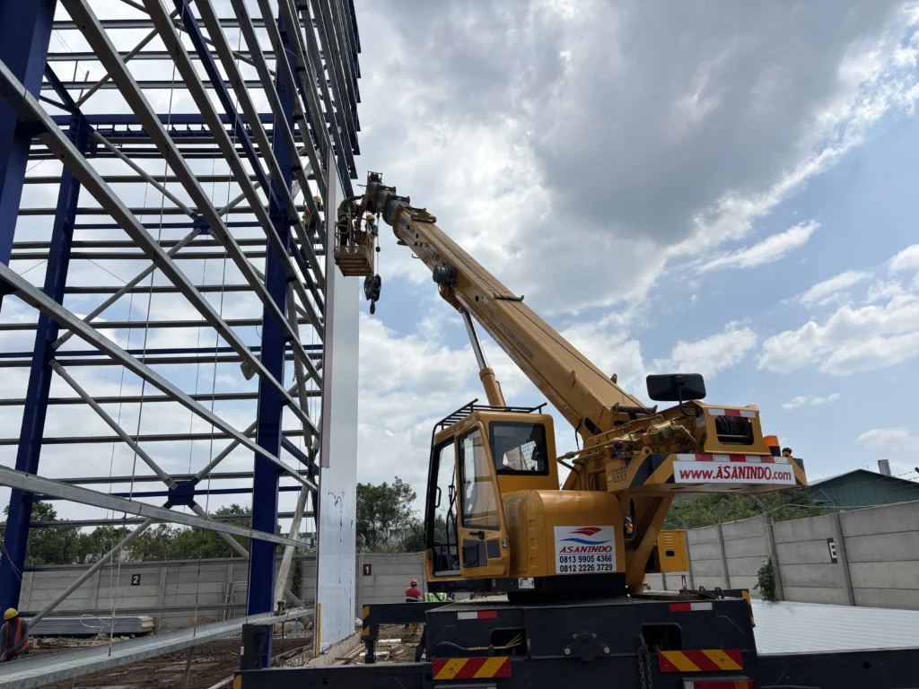  Crane 8 ton sedang memasang papan reklame dan billboard di pinggir jalan Jakarta dengan aman dan efisien