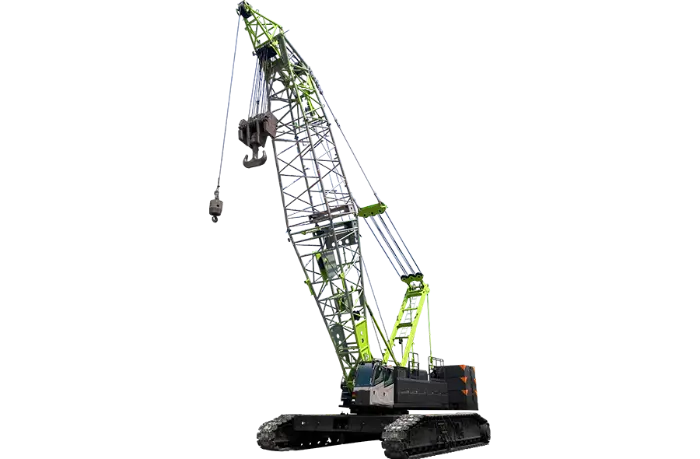 Crawler crane track undercarriage operates on heavy terrain for industrial projects