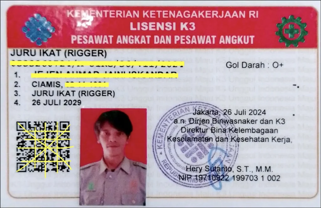 Sertifikat SIO rigger resmi dari Kemnaker RI yang dimiliki rigger profesional PT Asanindo Jaya Abadi sebagai bukti kompetensi resmi dalam pekerjaan rigging