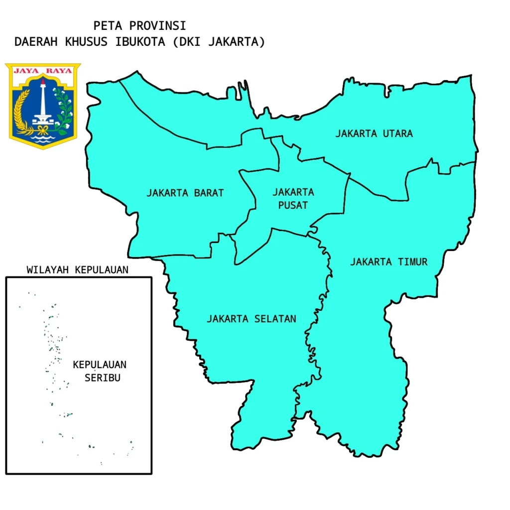 Peta 5 wilayah DKI Jakarta yang dilayani crane PT Asanindo Jaya Abadi termasuk Jakarta Pusat Utara Barat Selatan dan Timur dengan layanan 24 jam